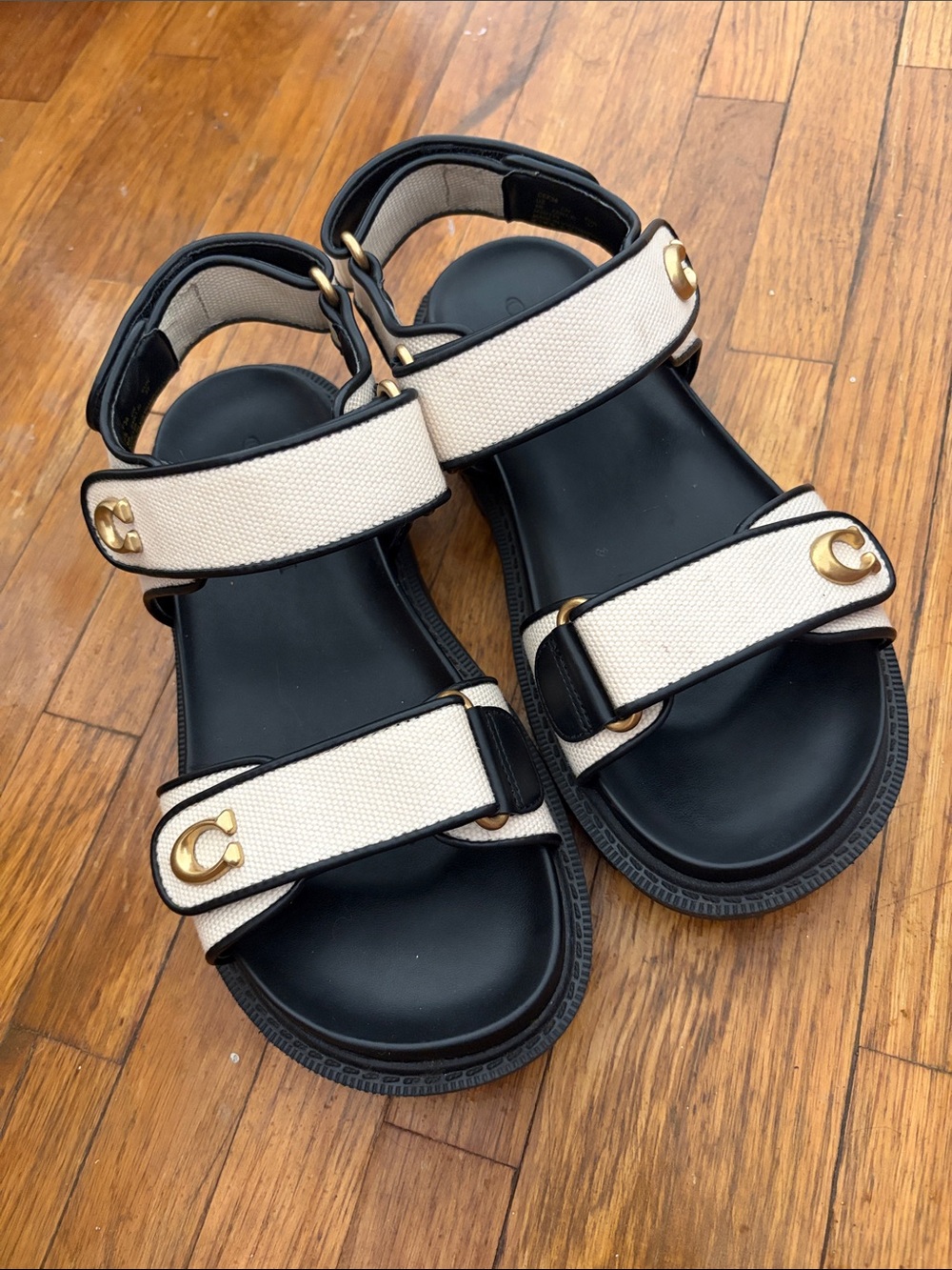Women’s COACH Ivory Canvas Strap Sandals with Black Footbed